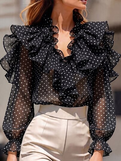 Zovinel Autumn Elegant Women's Blouse With Ruffle V-Neck Chiffon Flowy French Style Suitable For Office Commute Workwear Street Style Shopping Sister Gathering Women's Top Black Top Classic Polka Dot Blouse