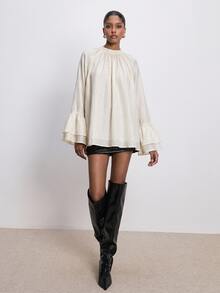 ATUI Studio Women's Elegant Commute Solid Color Bell Sleeve Blouse - Apricot - View 3