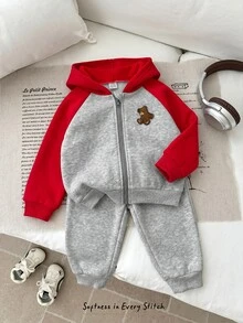 Cozy Pixies Baby Boy Cartoon Bear Pattern Colorblock Raglan Long Sleeve Winter Jacket Elastic Waist Long Pants 2-Piece Set Thermal Lined Brushed Thick Style Suitable For Winter - Multicolor - View 5