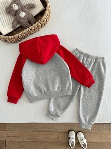 Cozy Pixies Baby Boy Cartoon Bear Pattern Colorblock Raglan Long Sleeve Winter Jacket Elastic Waist Long Pants 2-Piece Set Thermal Lined Brushed Thick Style Suitable For Winter - Multicolor - View 2