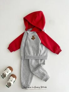 Cozy Pixies Baby Boy Cartoon Bear Pattern Colorblock Raglan Long Sleeve Winter Jacket Elastic Waist Long Pants 2-Piece Set Thermal Lined Brushed Thick Style Suitable For Winter - Multicolor - View 4