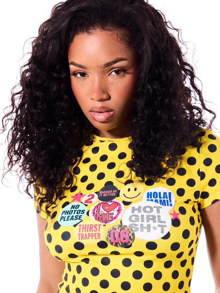 SUMWON WOMEN Polka Dot Badge Print Crop Top With Round Neck And Short Sleeves Fitted Slim Fit Tee Party Top - Yellow - View 6