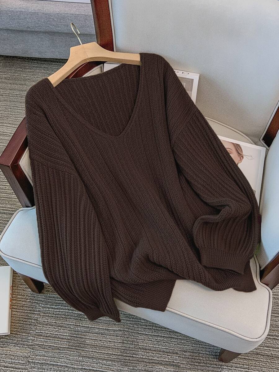 GlowEve CURVE Plus Size Elegant V-Neck Dropped Shoulder Long Sleeve Pullover Sweater - Coffee Brown - View 1
