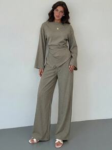 Aloruh 女款優雅橄欖綠辦公套裝：抓皺喇叭袖上衣搭配超長直筒寬褲，適合秋季 - 卡其色 - 查看 1