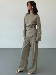 Aloruh 女款優雅橄欖綠辦公套裝：抓皺喇叭袖上衣搭配超長直筒寬褲，適合秋季 - 卡其色 - 查看 5