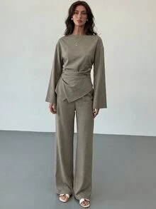 Aloruh 女款優雅橄欖綠辦公套裝：抓皺喇叭袖上衣搭配超長直筒寬褲，適合秋季 - 卡其色 - 查看 4