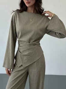 Aloruh 女款優雅橄欖綠辦公套裝：抓皺喇叭袖上衣搭配超長直筒寬褲，適合秋季 - 卡其色 - 查看 6