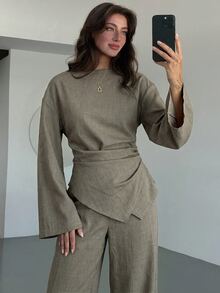 Aloruh 女款優雅橄欖綠辦公套裝：抓皺喇叭袖上衣搭配超長直筒寬褲，適合秋季 - 卡其色 - 查看 3