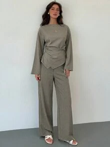 Aloruh 女款優雅橄欖綠辦公套裝：抓皺喇叭袖上衣搭配超長直筒寬褲，適合秋季 - 卡其色 - 查看 7