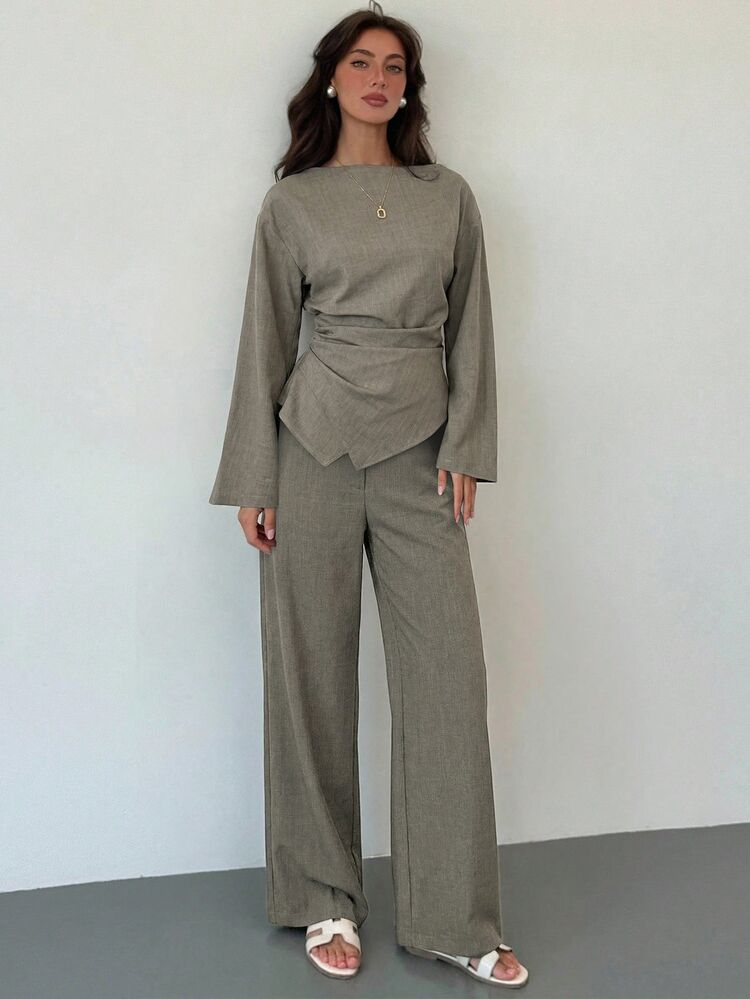 Aloruh 女款優雅橄欖綠辦公套裝：抓皺喇叭袖上衣搭配超長直筒寬褲，適合秋季 - 卡其色 - 查看 7