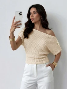 Firerie Women's Elegant French Beige Knit Tops, Textured Asymmetric Neckline Batwing Sleeve T-Shirt, Perforated Fabric Blouse For Summer Brunch Commute Work - Apricot - View 3
