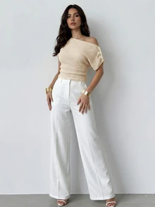 Firerie Women's Elegant French Beige Knit Tops, Textured Asymmetric Neckline Batwing Sleeve T-Shirt, Perforated Fabric Blouse For Summer Brunch Commute Work - Apricot - View 8