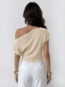Firerie Women's Elegant French Beige Knit Tops, Textured Asymmetric Neckline Batwing Sleeve T-Shirt, Perforated Fabric Blouse For Summer Brunch Commute Work - Apricot - View 2