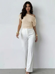 Firerie Women's Elegant French Beige Knit Tops, Textured Asymmetric Neckline Batwing Sleeve T-Shirt, Perforated Fabric Blouse For Summer Brunch Commute Work - Apricot - View 7