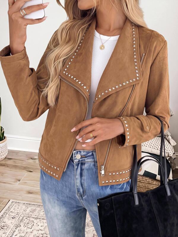 Wildy BOHO Casual Western Country Nomad Women's Autumn/Winter Outfit For Outing Night Out And Commuting With Rivet Jacket Camel