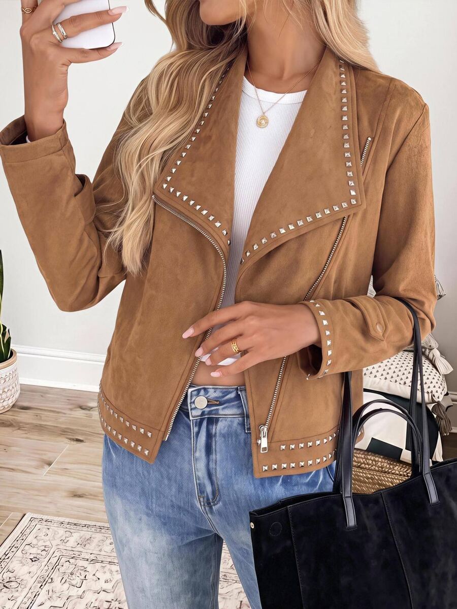 Wildy BOHO Casual Western Country Nomad Women's Autumn/Winter Outfit For Outing Night Out And Commuting With Rivet Jacket Camel - Brown - View 1