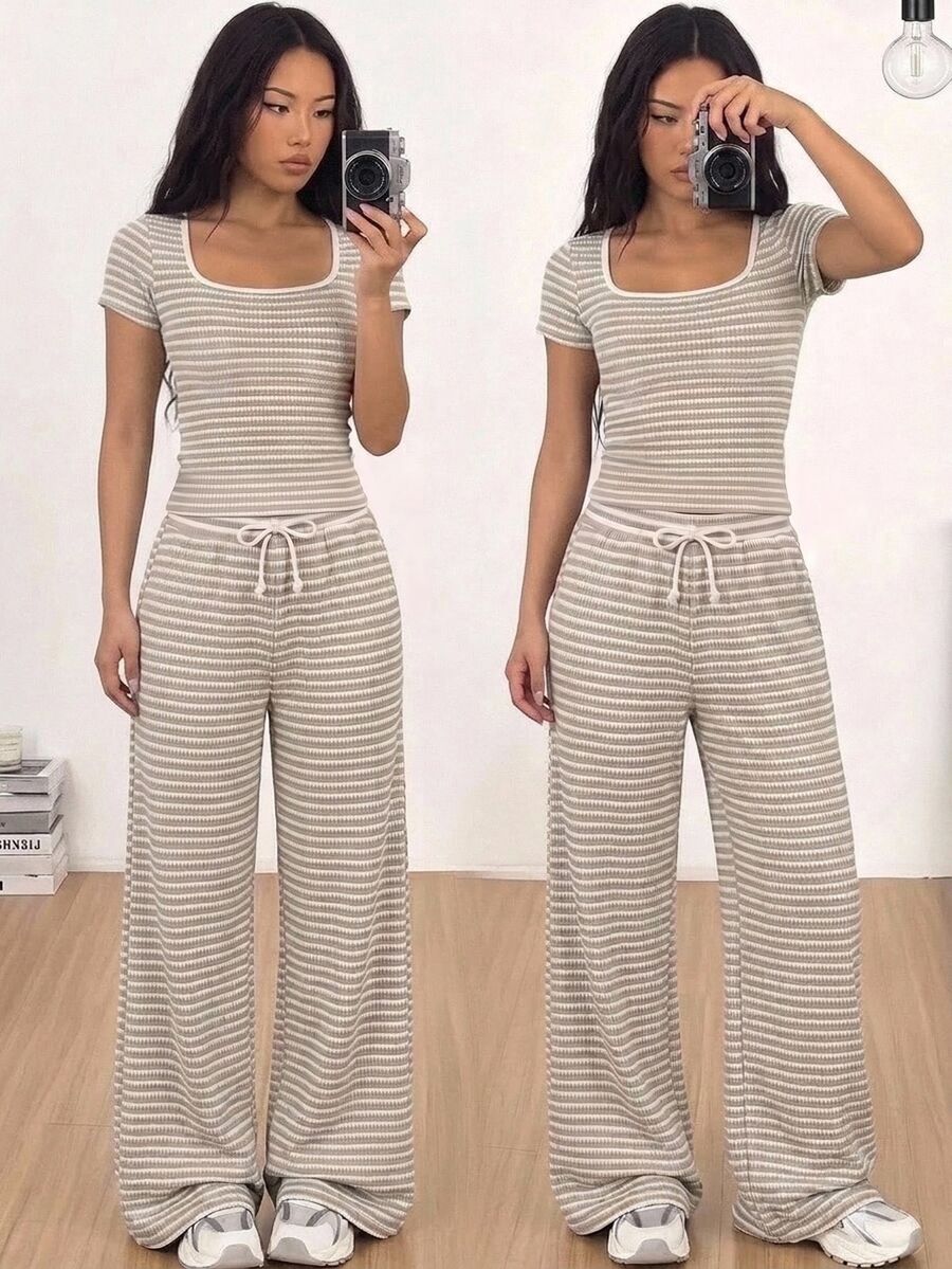 SHEIN 青少年女孩休閒簡約橄欖綠方領抓皺腰短袖T恤寬鬆長褲套裝 - 彩色 - 查看 1