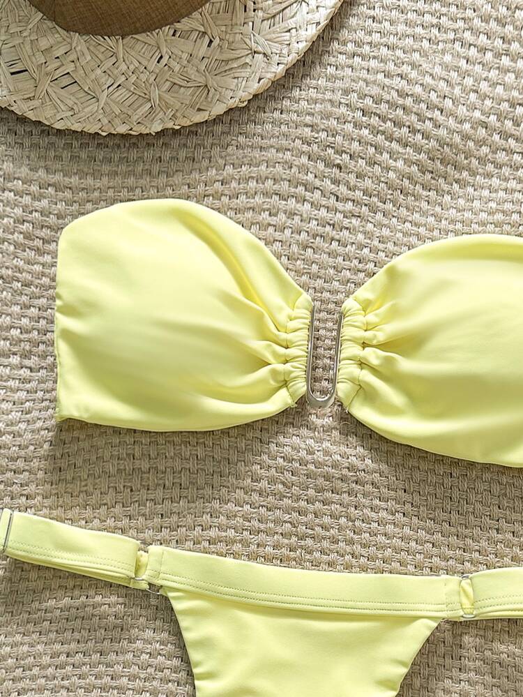 Swim Chiccia Springbreak Women Summer Solid Color Halter Metal Decor Top And Thong Bikini 2 Pieces Set, Minimalist - Yellow - View 4