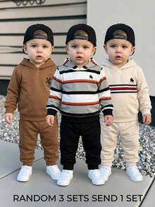 SHEIN Playful Pals Toddler Baby Boys 2 Pieces Set: Hooded Long Sleeve Sweatshirt + Jogger Pants, Beige Blue Horse Rider Embroidery Logo, Birthday Autumn Racing - Multicolor - View 2