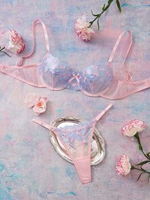 Elorette Cute Girl Pink Contrast Embroidery Lingerie Set, Underwire Push-Up Thin -Back Panty, Sexy 2-Piece Set - Pink - View 1