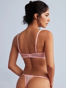 Elorette Cute Girl Pink Contrast Embroidery Lingerie Set, Underwire Push-Up Thin -Back Panty, Sexy 2-Piece Set - Pink - View 3