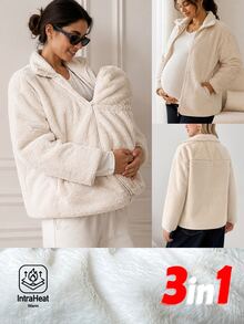 SHEIN Maternity Comfortable Zipper Long Sleeve Pocket 3-In-1 Jacket Fall - Beige - View 3