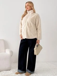 SHEIN Maternity Comfortable Zipper Long Sleeve Pocket 3-In-1 Jacket Fall - Beige - View 10
