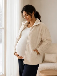 SHEIN Maternity Comfortable Zipper Long Sleeve Pocket 3-In-1 Jacket Fall - Beige - View 5