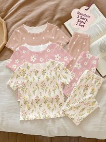 SHEIN 2 Random Of 3 Cute & Sweet Baby Girls Homewear Set,White And Pink Bohemian Floral Daisy Flower Print,Mori Style Ruffle Contrast Color Summer Holiday - Multicolor - View 5