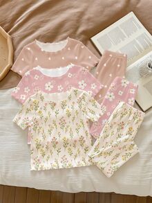 SHEIN 2 Random Of 3 Cute & Sweet Baby Girls Homewear Set,White And Pink Bohemian Floral Daisy Flower Print,Mori Style Ruffle Contrast Color Summer Holiday - Multicolor - View 7