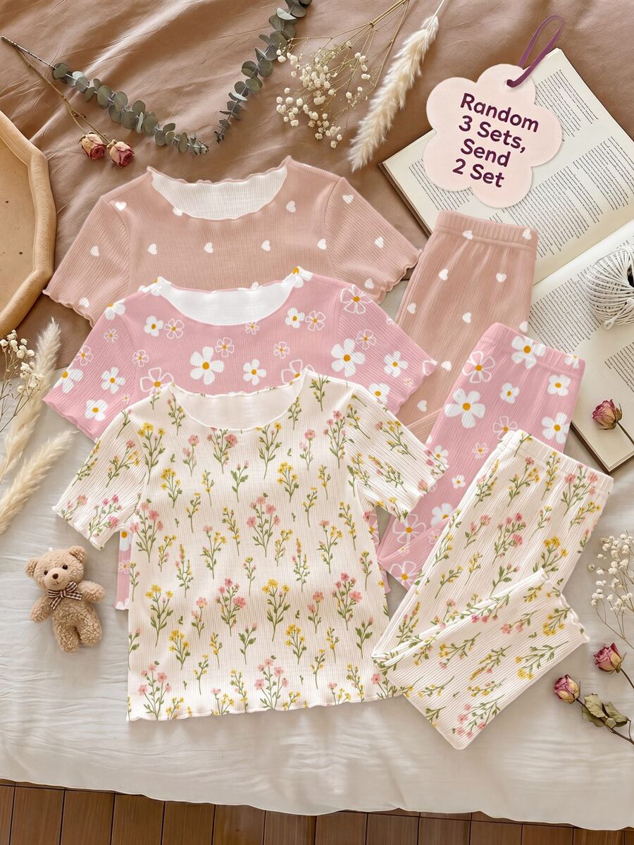 SHEIN 2 Random Of 3 Cute & Sweet Baby Girls Homewear Set,White And Pink Bohemian Floral Daisy Flower Print,Mori Style Ruffle Contrast Color Summer Holiday - Multicolor - View 1