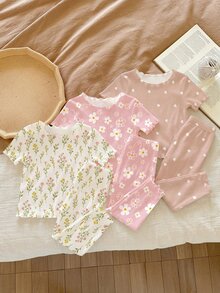 SHEIN 2 Random Of 3 Cute & Sweet Baby Girls Homewear Set,White And Pink Bohemian Floral Daisy Flower Print,Mori Style Ruffle Contrast Color Summer Holiday - Multicolor - View 3
