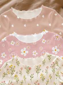 SHEIN 2 Random Of 3 Cute & Sweet Baby Girls Homewear Set,White And Pink Bohemian Floral Daisy Flower Print,Mori Style Ruffle Contrast Color Summer Holiday - Multicolor - View 8