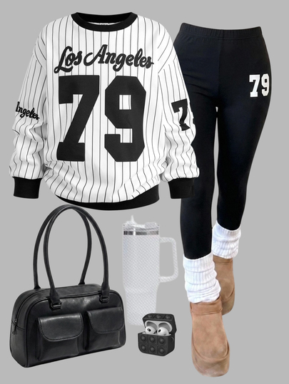 Kids Tween Girls Hoodie & Sweatshirt Co-Ords, Autumn/Winter Minimalist Loose Crew Neck Black & White Striped Sporty Number Print Long Sleeve Sweatshirt With Tight Leggings Long Pants 2set, Suitable For Back To School Outfit