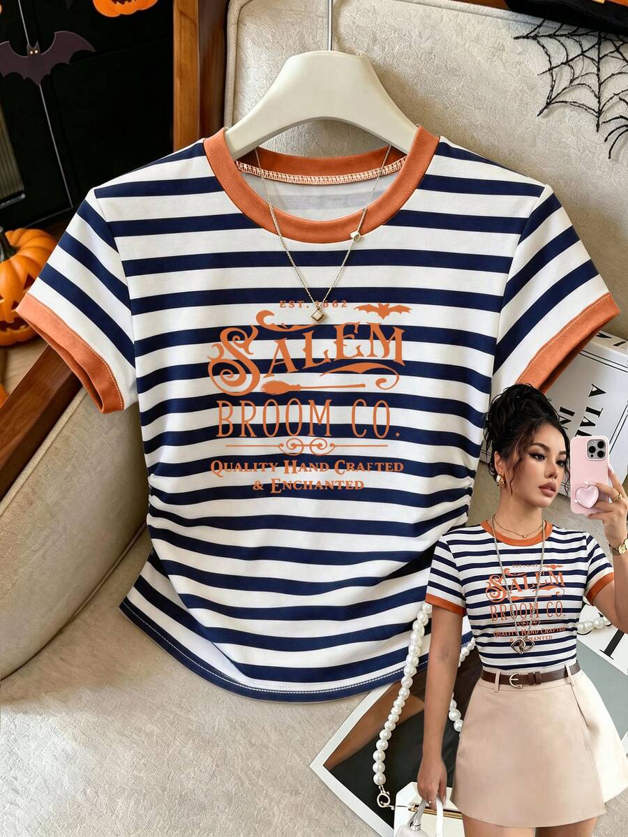 SHEIN Franclia 女款戶外休閒運動上衣,夏季新款,修身收腰,圖案字母印花,多色條紋印花,橘色,女款T恤 - 彩色 - 查看 1