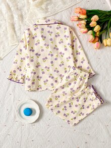 SHEIN 女童可愛休閒針織紫色花卉圖案長袖家居服套裝 - 彩色 - 查看 3