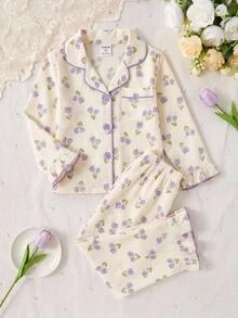 SHEIN 女童可愛休閒針織紫色花卉圖案長袖家居服套裝 - 彩色 - 查看 4