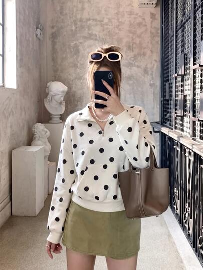 SHEIN MOD Damska casualowa uniwersalna bluza na co dzień w grochy z długim rękawem