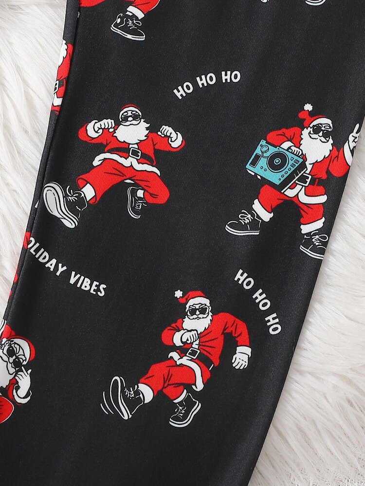 Teen Boys Autumn/Winter Daily Wear Personalized Cool Dancing Santa Claus 2-Piece Set, American Vintage Santa Claus Print With Autumn/Winter, Snug Fit - Black - View 9