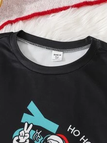 青少年男孩秋冬日常穿著個性酷炫跳舞聖誕老人兩件套，美式復古聖誕老人印花，修身版型 - 黑色 - 查看 6