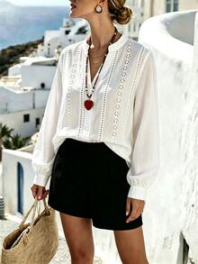 Yunfilé Women's Elegant Embroidered Hollow-Out Textured Jacquard Casual Commuter Blouse, Spring/Autumn - White - View 1
