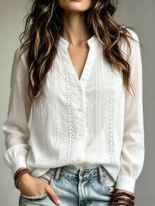 Yunfilé Women's Elegant Embroidered Hollow-Out Textured Jacquard Casual Commuter Blouse, Spring/Autumn - White - View 3