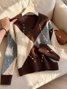 Rusticease Argyle Pattern Drop Shoulder Sweater - Multicolor - View 1