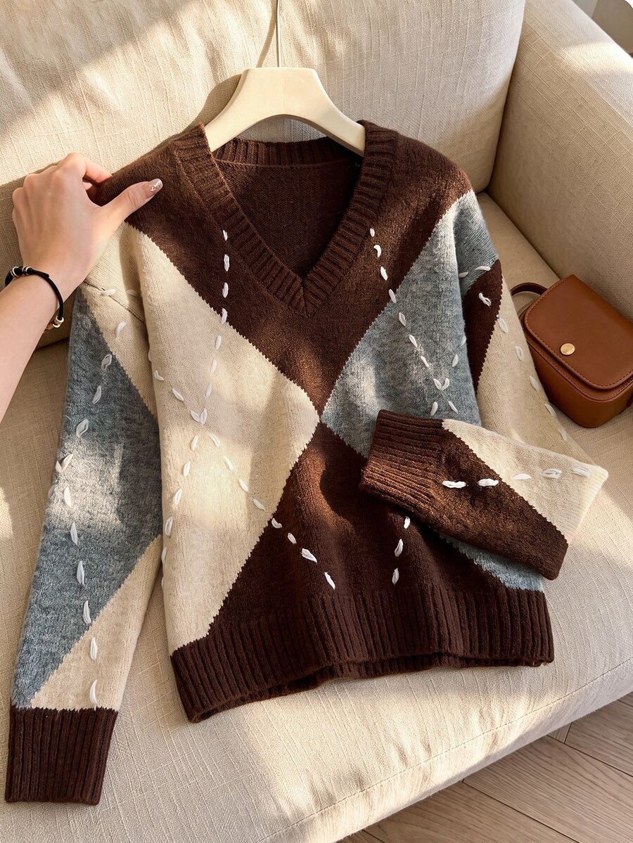 Rusticease Argyle Pattern Drop Shoulder Sweater - Multicolor - View 1