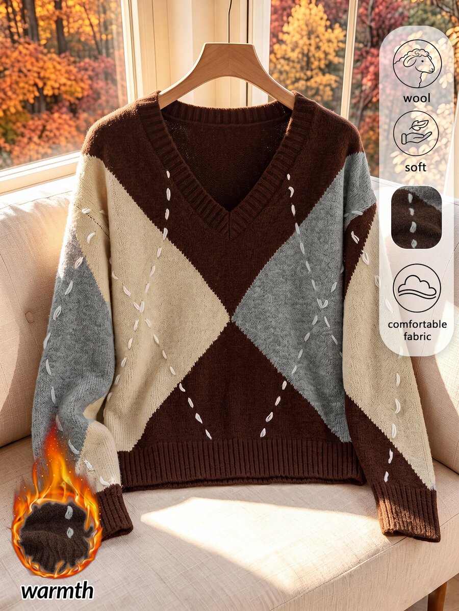 Rusticease Argyle Pattern Drop Shoulder Sweater - Multicolor - View 1