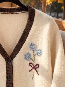 Rusticease Cardigan Wanita Kasual Musim Gugur/Dingin dengan Trim Blok Warna dan Bordir Bunga - Aprikot - View 6