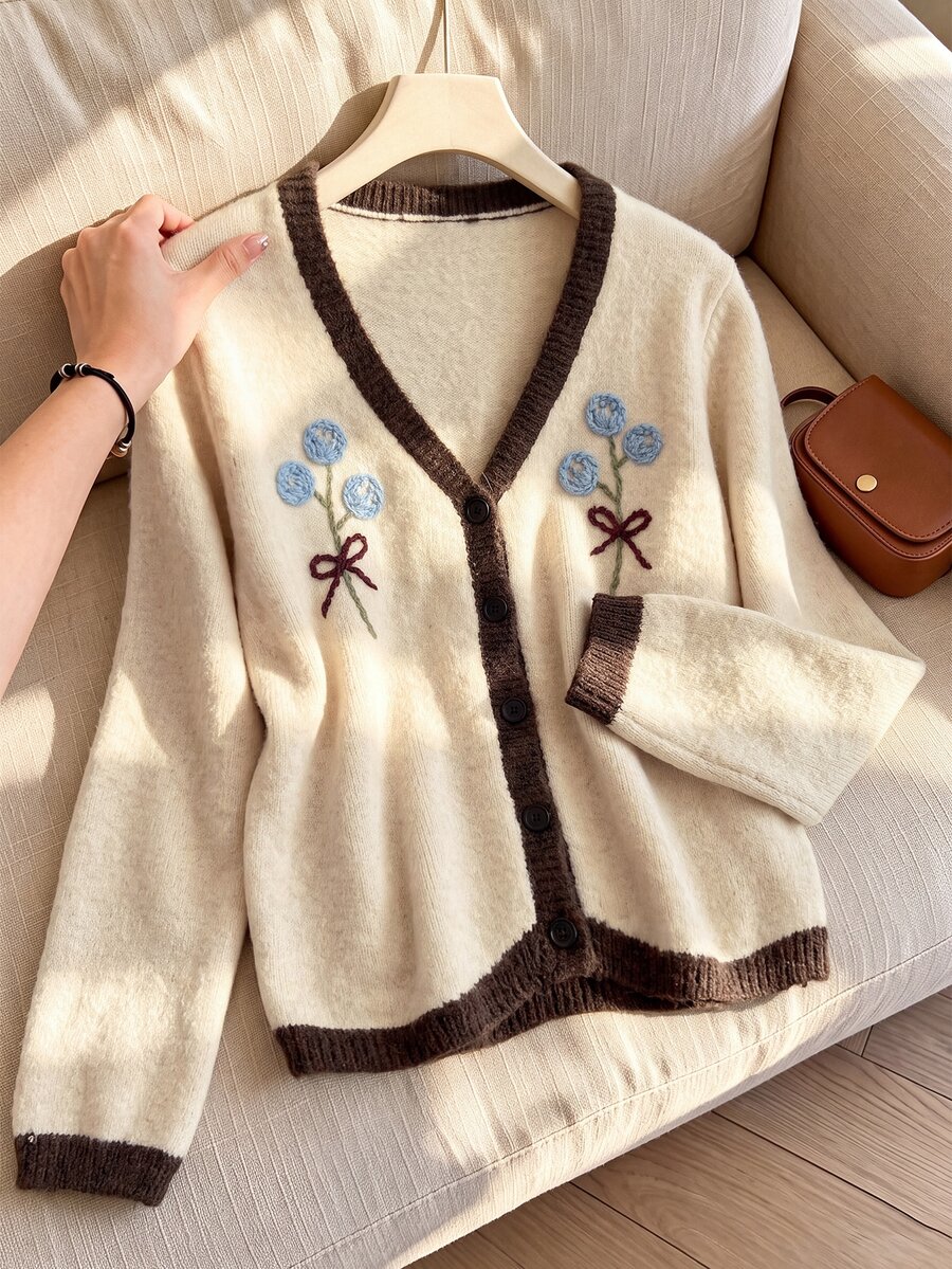 Rusticease Women's Autumn/Winter Casual Colorblock Trim Floral Embroidered Cardigan - Apricot - View 1