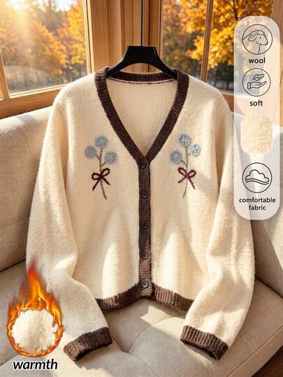 Rusticease Cardigan Wanita Kasual Musim Gugur/Dingin dengan Trim Blok Warna dan Bordir Bunga