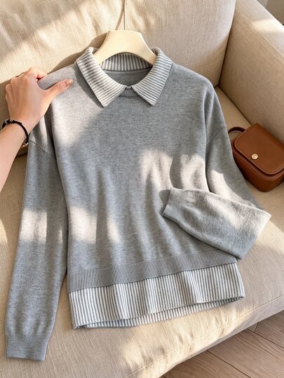 Rusticease Women's Autumn Casual Striped Patchwork Sweater