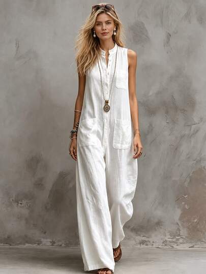 SHEIN French Vintage Sleeveless Shirt Collar Pocket Decor White Jumpsuit, Elegant Women's Jumpsuit, Summer Women's Jumpsuit, Summer Outfit, Beach Outfit, Beach Jumpsuit, Outing Jumpsuit, Women's Vacation Outfit, Vacation Jumpsuit, Women's Casual Jumpsuit, Country Style Jumpsuit, Women's Country Style Clothing, Country
